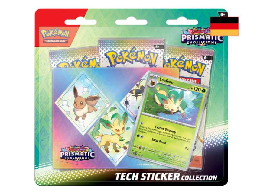 POKEMON KARMESIN & PURPUR KP8.5 – PRISMATISCHE ENTWICKLUNGEN TECH STICKER KOLLEKTION 3-PACK BOOSTER (DEUTSCH)