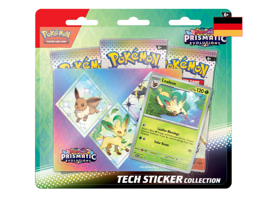 POKEMON KARMESIN & PURPUR KP8.5 – PRISMATISCHE ENTWICKLUNGEN TECH STICKER KOLLEKTION 3-PACK BOOSTER (DEUTSCH)